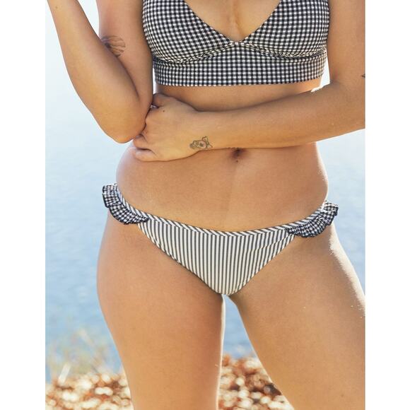 NEW Aerie Black Striped Seersucker Ruffle Summer Beach Bikini Bottom XXS - Picture 1 of 5